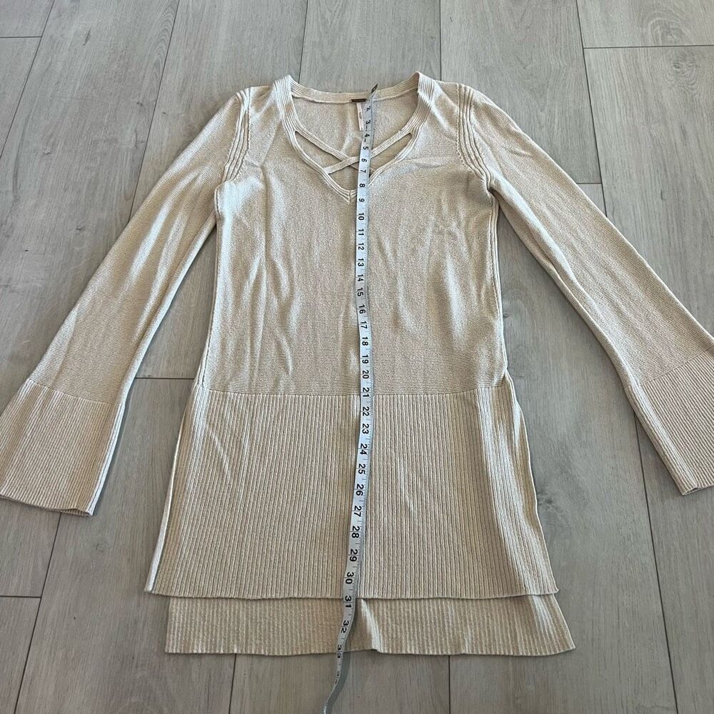 Free People Sweater Criss-Cross Front Knit Tunic Side Slit Linen Blend Cream siz - Picture 2 of 9